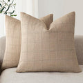 Foindtower Set of 2 Decorative Linen Check Throw Pillow Covers Neutral Farmhouse Vintage Cushion Covers Modern Coastal Boho Home Decor for Sofa Chair Couch Bedroom Living Room,20×20 Inch,Camel