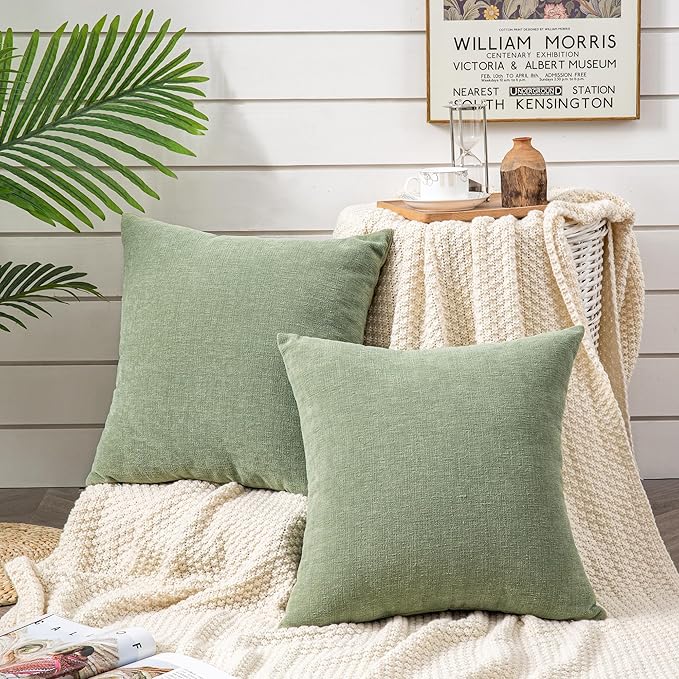 GAWAMAY Decorative Square Throw Pillow Covers 22"x22" Inch Set of 2, Super Soft Chenille Pillows Farmhouse Fall Pillowcase for Living Room Bedroom Sofa Couch Cushion Cover Sage Green 55x55cm