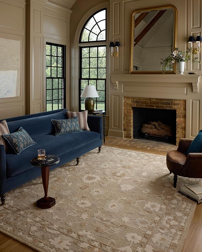 Loloi Chris Loves Julia Dorothea Collection DRT-02 Khaki/Dove 3'-6" x 5'-6" Accent Rug Wool Neutral Floral Living Room Bedroom Carpet
