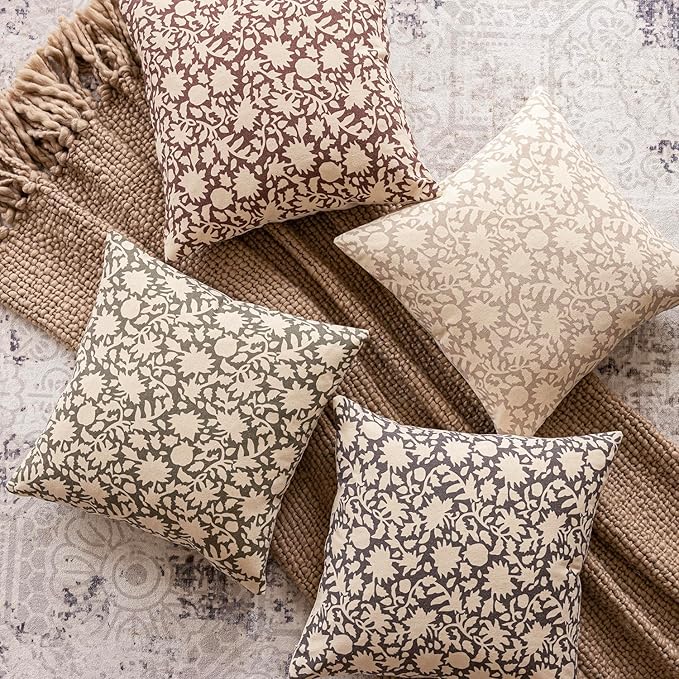 Foindtower Set of 2 Decorative Neutral Floral Throw Pillow Covers Accent Farmhouse Cushion Covers Boho Vintage Pillowcase for Couch Sofa Bedroom Living Room Home Decor,22×22 Inch,Rustic Gray