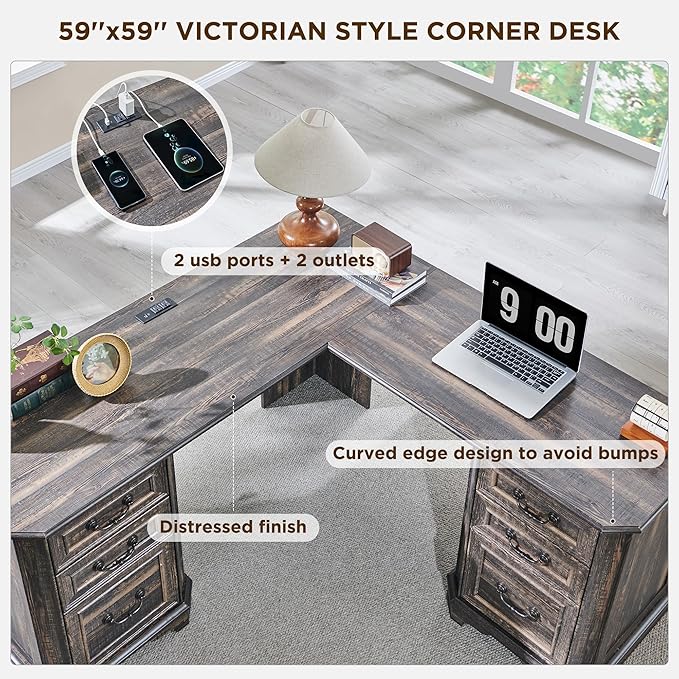 T4TREAM 59" L Shaped Executive Desk with Drawers,Farmhouse Wood Computer Desk, Featuring Charging Station,File Drawer, Storage Cabinet,for Home Office Work and Study (Dark Rustic Oak)