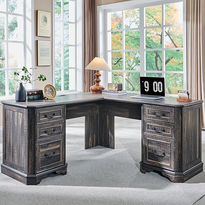 T4TREAM 59" L Shaped Executive Desk with Drawers,Farmhouse Wood Computer Desk, Featuring Charging Station,File Drawer, Storage Cabinet,for Home Office Work and Study (Dark Rustic Oak)