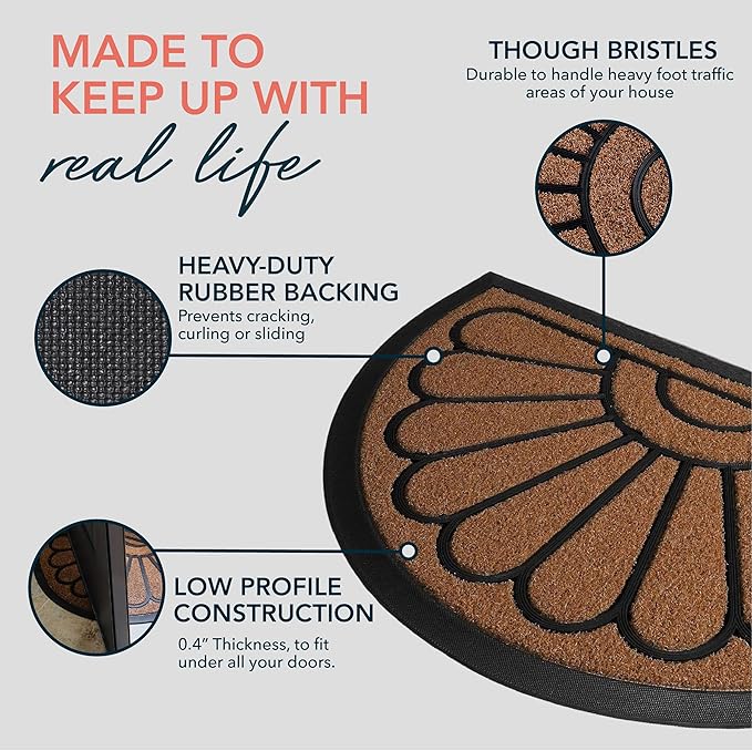 ubdyo Front Door Mat - Low Pile Front Half Circle Door Mat Outside Entrance - Muddy Dirt Trapping Welcome Matt Outdoor - Rubber Backing Anti Slip Indoor Doormat Entrance, 29" x 17", Bright Brown