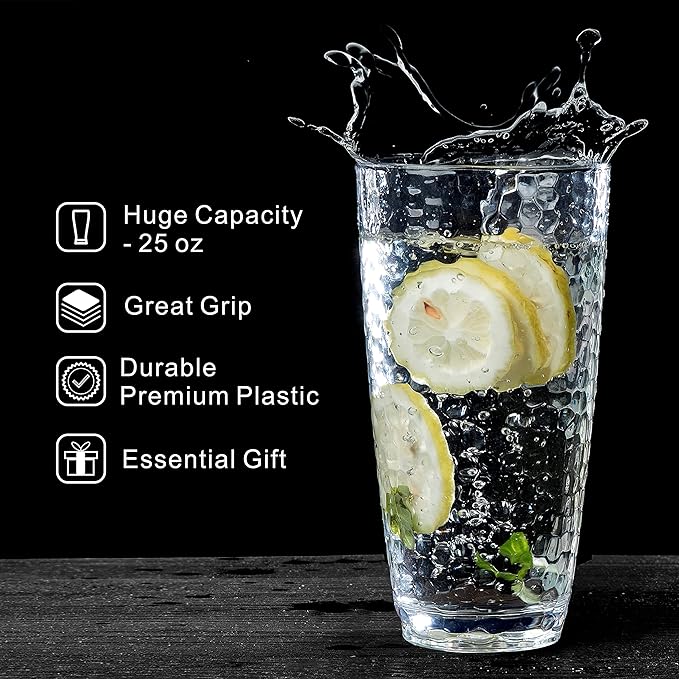 Unbreakable Plastic Tumbler Cups, Set of 6, Large Water Tumbler Set, 25 oz Highball Drinking Glasses (Clear)