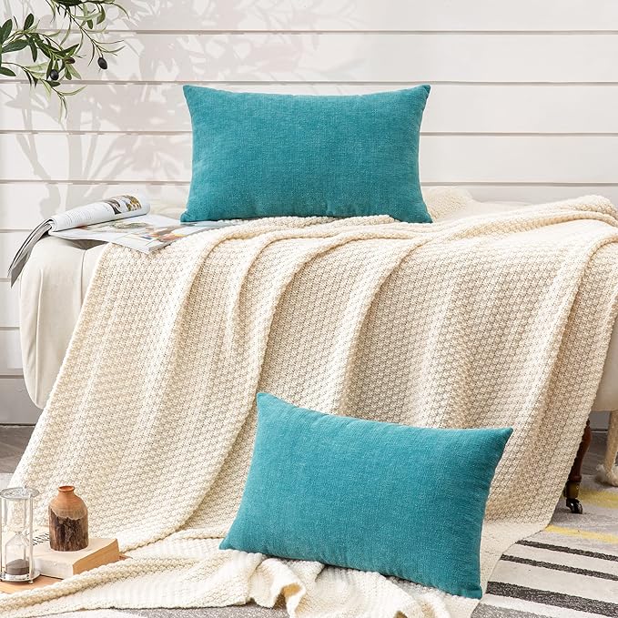 GAWAMAY Decorative Rectangle Throw Pillow Covers 12"x20" Inch Set of 2, Soft Chenille Lumbar Support Pillow Fall Pillowcase for Living Room Bedroom Sofa Couch Cushion Cover Teal 30x50cm (NO Inserts)