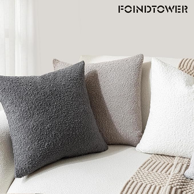 Foindtower Set of 2, Decorative Textured Boucle Throw Pillow Covers Accent Solid Pillow Cases Soft Cozy Couch Cushion Case for Chair Sofa Bedroom Living Room Home Decor 16 x 16 Inch Neutral Grey