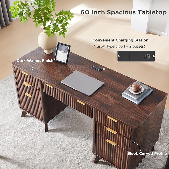 T4TREAM 60'' Fluted Executive Desk with Drawers, Modern Home Office Computer Desk with Charging Station, Keyboard Tray, File Drawer and Storage Cabinet for Study, Living Room, Bedroom, Dark Walnut