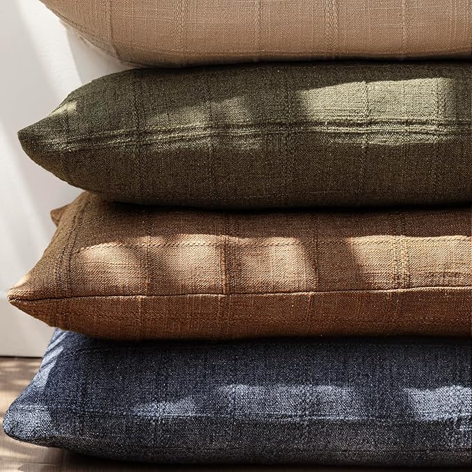 Foindtower Set of 2 Decorative Linen Check Throw Pillow Covers Neutral Farmhouse Vintage Cushion Covers Modern Boho Home Decor for Sofa Chair Couch Bedroom Living Room,26×26 Inch,Brick