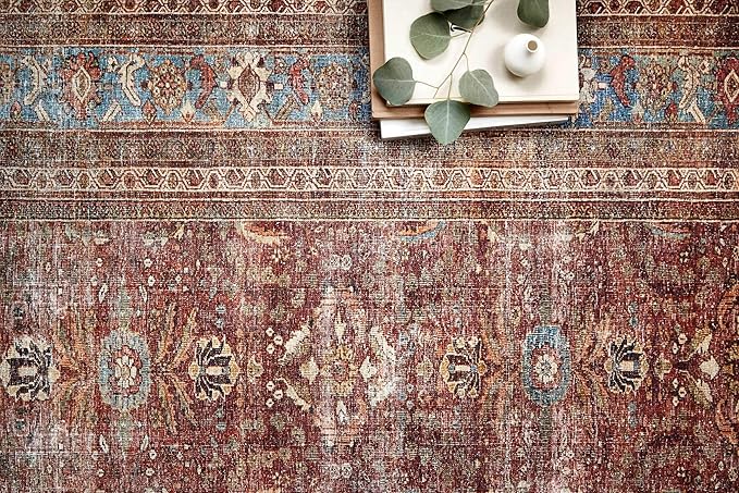 Loloi Layla Collection LAY-01 Brick/Blue 7'-6" x 9'-6" .13" Thick Area Rug, Soft, Durable, Vintage Inspired, Distressed, Low Pile, Non-Shedding, Easy Clean, Printed, Living Room Rug