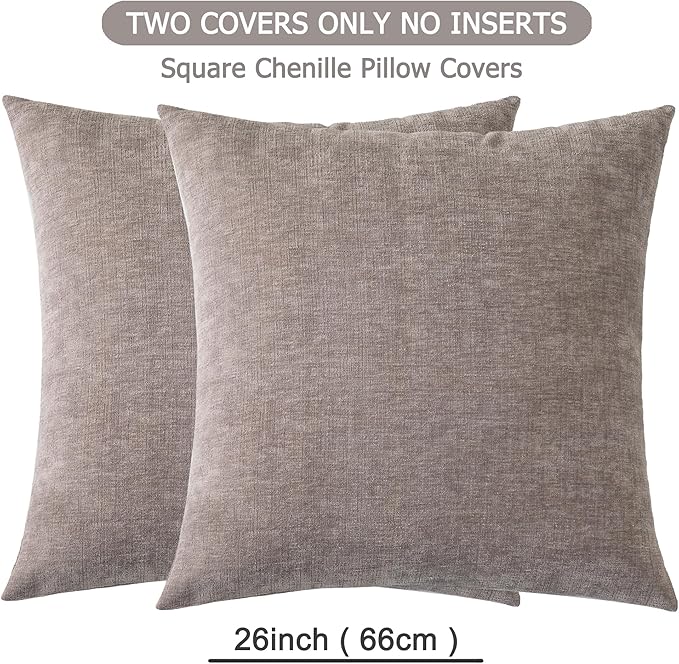 GAWAMAY Decorative Chenille Throw Pillow Covers 26x26 Inch Pack of 2, Soft Square Couch Pillow Cover for Sofa Cushion Living Room Bedroom Oversized Pillowcases Taupe Grey 66x66cm (ONLY Covers)