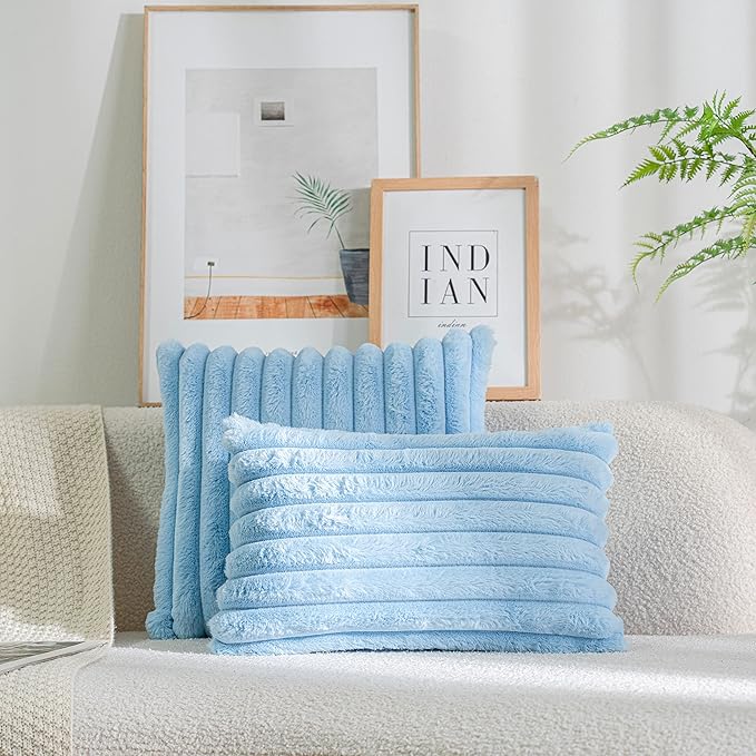 DEELAND Pack of 2,Double-Sided Faux Fur Plush Decorative Throw Pillow Covers Fuzzy Striped Soft Pillowcase Cushion Covers for Sofa Couch Bedroom Lightblue 22x22 inch