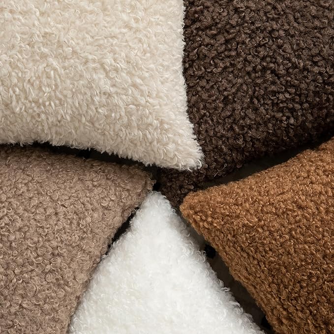 Pack of 2 Curly Teddy Wool Faux Fur Throw Pillow Covers Fuzzy Accent Soft Sherpa Pillowcases Sheepskin Fleece Decorative Cushion Case for Sofa Couch Living Room 12x20 Inch Neutral Light Beige
