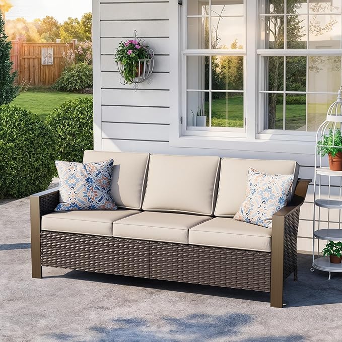 75" Patio Metal Wicker Sofa, 3-seat Deep Seat & Upholstered Couch, Outdoor All-Weather Rattan Loveseat with Washable Cushions, Steel Frame, Garden (Beige and Brown Stripe)