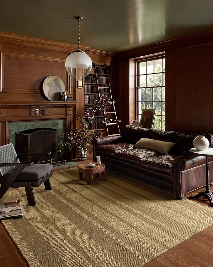 Loloi Leanne Ford Weatherstaff Collection WTS-03 Natural/Olive 9'-3" x 13' Area Rug Jute, Striped, Neutral, Living Room, Bedroom, Dining Room