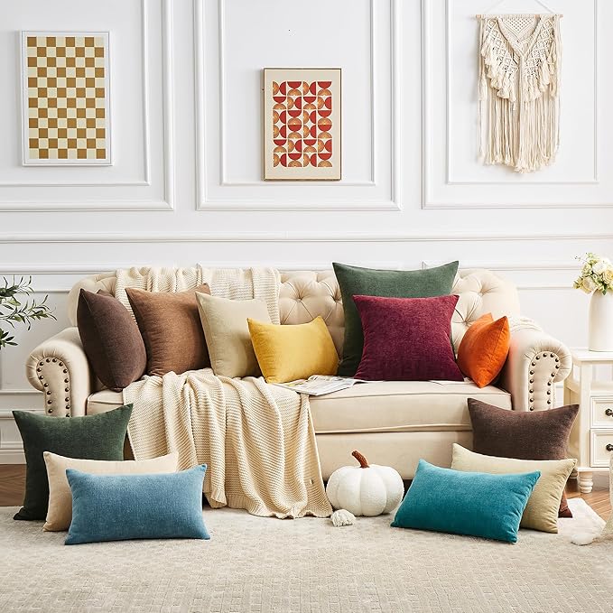 GAWAMAY Decorative Square Throw Pillow Covers 22x22 Inch Set of 2, Super Soft Chenille Pillows Farmhouse Fall Pillowcase for Living Room Bedroom Sofa Couch Cushion Cover Brown 55x55cm (No Inserts)