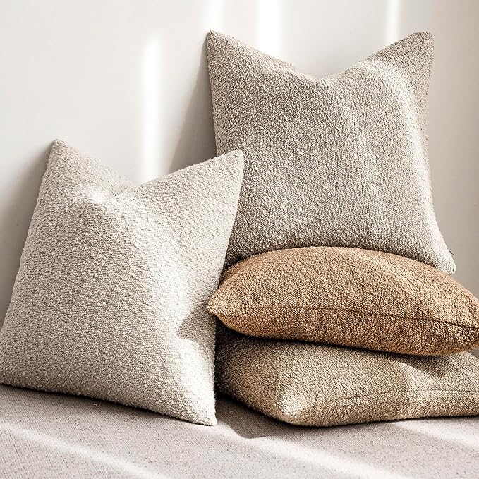 Foindtower Pack of 2, Decorative Textured Boucle Throw Pillow Covers Accent Solid Pillow Cases Cozy Soft Couch Cushion Case for Chair Sofa Bedroom Living Room Home Decor 22 x 22 Inch Ivory Beige
