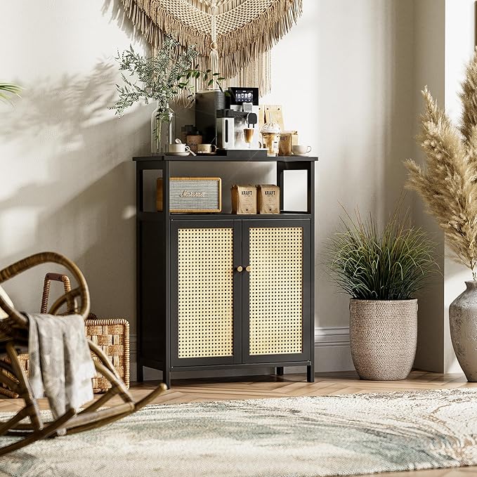 HITNET Bamboo Floor Cabinet, Bathroom Storage Cabinet with 2 Rattan Doors and Shelves, Space Saving Freestanding Kitchen Cupboard, Black