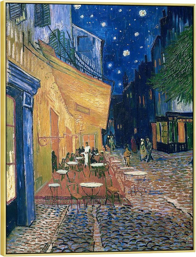 Wieco Art Large Framed Art Canvas Prints of Cafe Terrace at Night Canvas Prints Wall Art by Van Gogh Paintings Reproduction Abstract Artwork for Wall Decor Golden Frame
