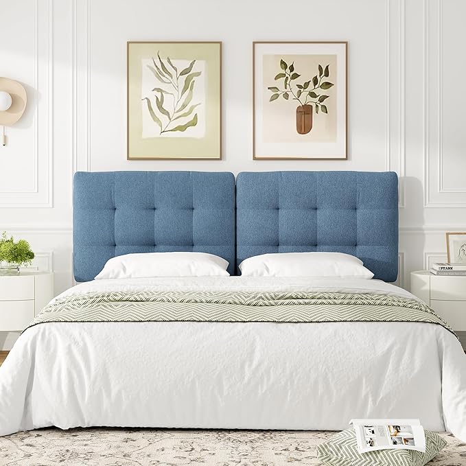 Tufted Upholstered King Headboard, Adjustable Height King Size Headboard Only from 39”to 44” with Durable Solid Wood Legs, Modern Button Diamond Fabric Head Board with Width Adapters, Blue