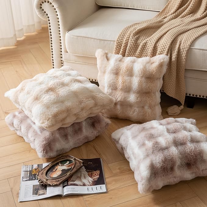 Pack of 2 Thick Plush Throw Pillow Covers Fluffy Wave Faux Fur Decorative Cushion Covers Soft Wool Pillowcase for Sofa Couch Livingroom 18x18 Inch White Taupe