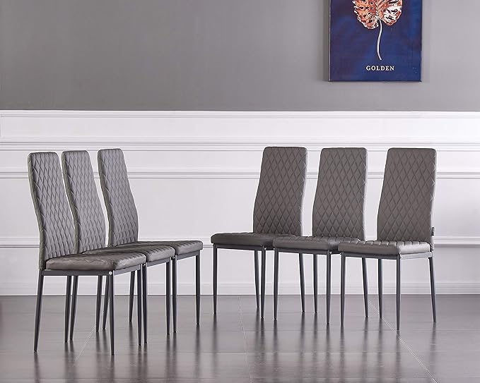 JT Modern Minimalist Dining Chair Fireproof Leather Sprayed Metal Pipe Diamond Grid Pattern Restaurant Home Conference Chair Set of 4 Or 6 (6, Light Gray)