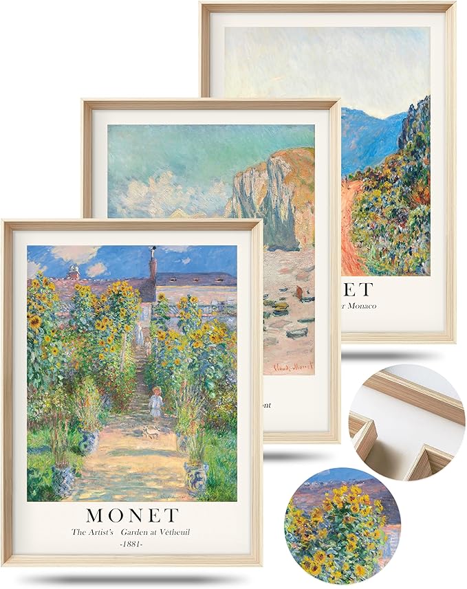 HesenDot Framed Claude Monet Wall Art 3 Piece,12x16in High Framed Design Canvas Prints Wall Decor,Vintage Impressionism Landscape Artwork Poster Home Decoration for Living Room Bedroom Gallery Office