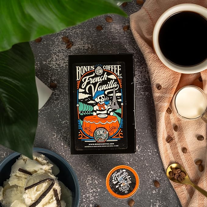 Bones Coffee Company Flavored Coffee Bones Cups French Vanilla Flavored Pods | 12ct Single-Serve Coffee Pods Compatible with Keurig 1.0 & 2.0 Keurig Coffee Maker