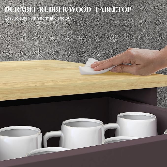 HOMCOM Sideboard with Solid Wood Countertop, Modern Kitchen Storage Cabinet, Coffee Bar Cabinet with 2 Drawers, Doors and Adjustable Shelf, Coffee