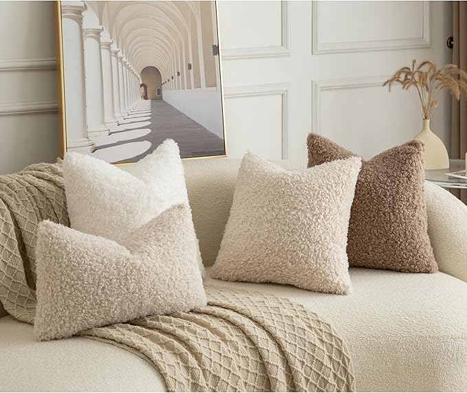 Pack of 2 Curly Teddy Wool Faux Fur Throw Pillow Covers Fuzzy Accent Soft Sherpa Pillowcases Sheepskin Fleece Decorative Cushion Case for Sofa Couch Living Room 26x26 Inch Neutral White