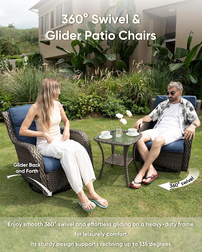 HUMMUH Wicker Patio Furniture Set with Outdoor Swivel Rocker Patio Chairs,High Back Outdoor Couch and Table 5 Pieces Outdoor Furniture for Porch Garden Deck