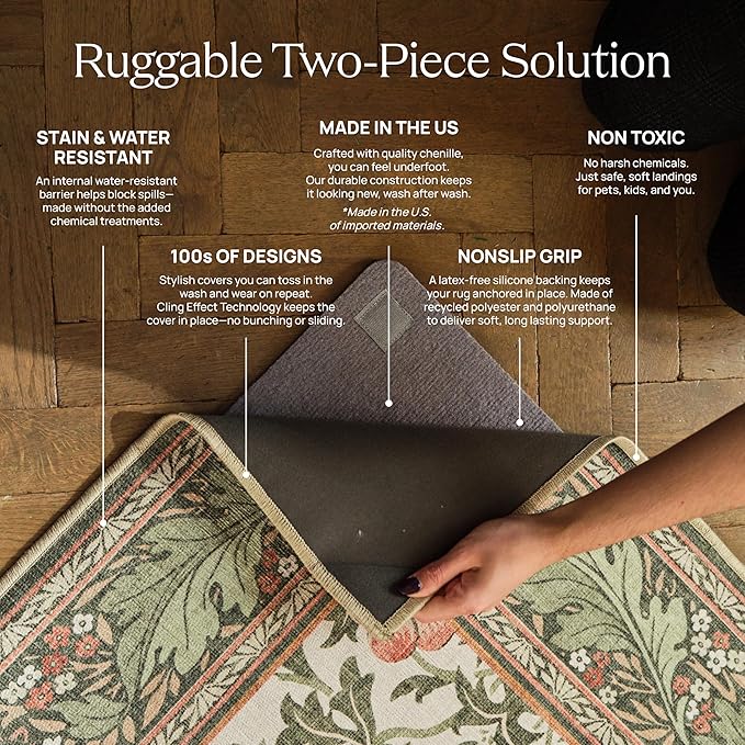 RUGGABLE Washable Vintage Area Rug – Verena Amber Red 8x10, Stain-Resistant, Non-Slip – Large Machine Washable Rugs for Living Room, Bedroom, Hallway, Entryway & Office–with Cushioned Pad