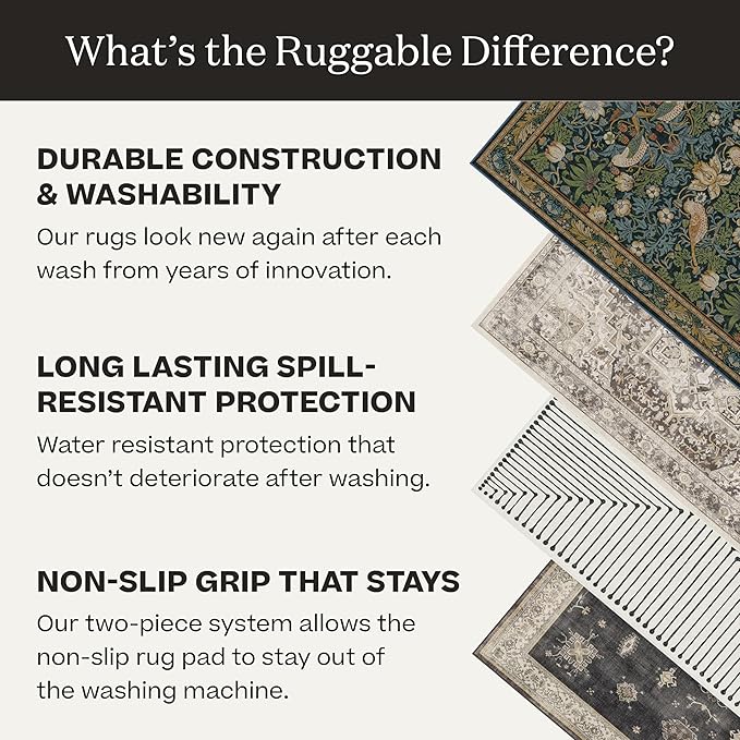 RUGGABLE Washable Vintage Area Rug – Verena Dark Wood 6x9, Stain-Resistant, Non-Slip – Medium Machine Washable Rugs for Living Room, Bedroom, Hallway, Entryway & Office–with Cushioned Pad