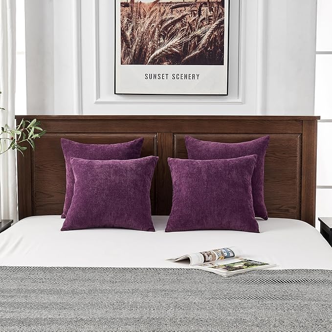GAWAMAY Decorative Square Throw Pillow Covers 18"x18" Inch Set of 4, Super Soft Chenille Pillows Farmhouse Fall Pillowcase for Living Room Bedroom Sofa Couch Cushion Cover Purple 45x45cm (No Insert)