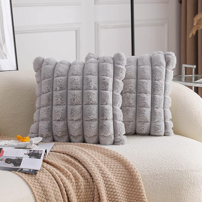Neelvin Grey Faux Fur Cozy Soft Plaid Decorative Throw Pillow Covers 18x18 inch Set of 2,Velvet Pillowcase Cushion Case for Sofa Couch