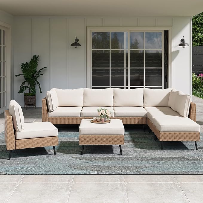 LAUSAINT HOME Outdoor Patio Furniture, 8 Piece Outdoor Sectional Sofa PE Rattan Wicker Patio Conversation Sets,All Weather Patio Furniture Set with Thick Cushions for Garden, Poolside, Backyard(Beige)