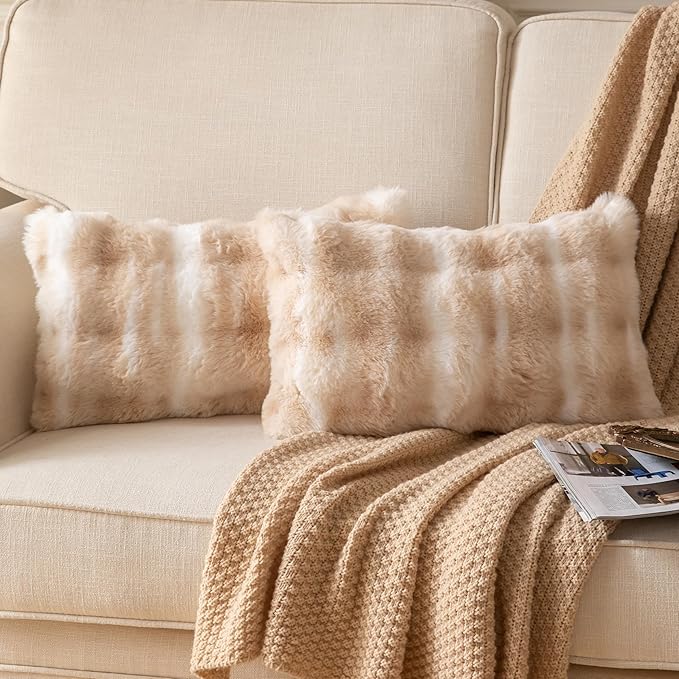 Pack of 2 Thick Plush Throw Pillow Covers Fluffy Wave Faux Fur Decorative Cushion Covers Soft Wool Pillowcase for Sofa Couch Livingroom 12x20 Inch White Beige