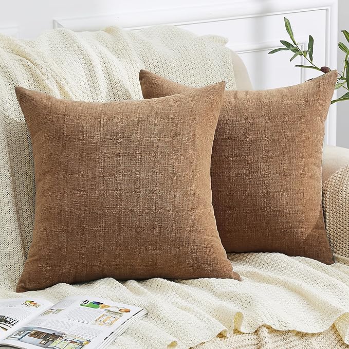 GAWAMAY Decorative Square Throw Pillow Covers 22x22 Inch Set of 2, Super Soft Chenille Pillows Farmhouse Fall Pillowcase for Living Room Bedroom Sofa Couch Cushion Cover Brown 55x55cm (No Inserts)