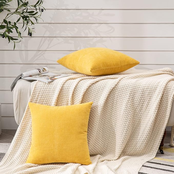 GAWAMAY Decorative Square Throw Pillow Covers 18"x18" Inch Set of 2, Super Soft Chenille Pillows Farmhouse Fall Pillowcase for Living Room Bedroom Sofa Couch Cushion Cover Mustard Yellow 45x45cm