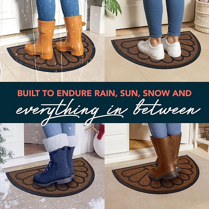 ubdyo Front Door Mat - Low Pile Front Half Circle Door Mat Outside Entrance - Muddy Dirt Trapping Welcome Matt Outdoor - Rubber Backing Anti Slip Indoor Doormat Entrance, 29" x 17", Bright Brown