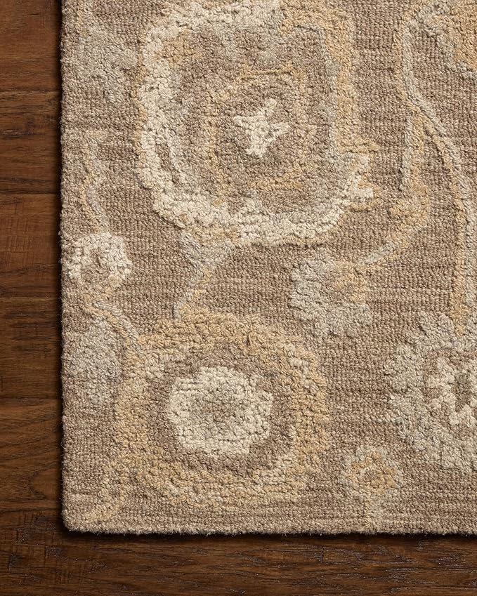 Loloi Chris Loves Julia Dorothea Collection DRT-01 Bark/Stone 9'-3" x 13' Area Rug Wool Neutral Floral Living Room Bedroom Carpet