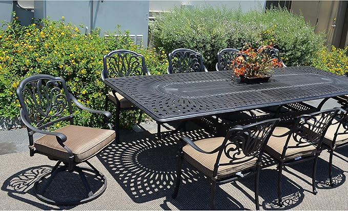 Patioland Elizabeth Outdoor Cast Aluminum Powder Coated 11-Piece Dining Set with Extendable 132in Rectangular Dining Table (Olefin Walnut Cushions)
