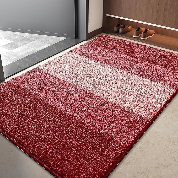 Kitinjoy Indoor Outdoor Door Mat, 40x32 Non-Slip Absorbent Dirt Trapper, Low-Profile Washable Inside Entrance Front Floor Mat, Sturdy Soft Entry Doormats for Entryway, Burgundy