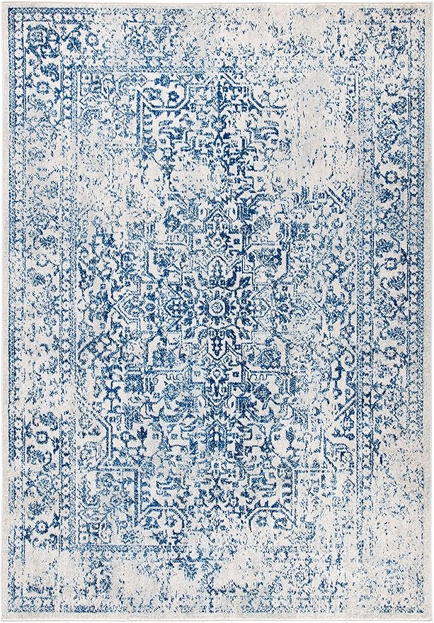 SAFAVIEH Evoke Collection 4' x 6' Ivory / Navy EVK256N Oriental Distressed Non-Shedding Living Room Bedroom Accent Rug