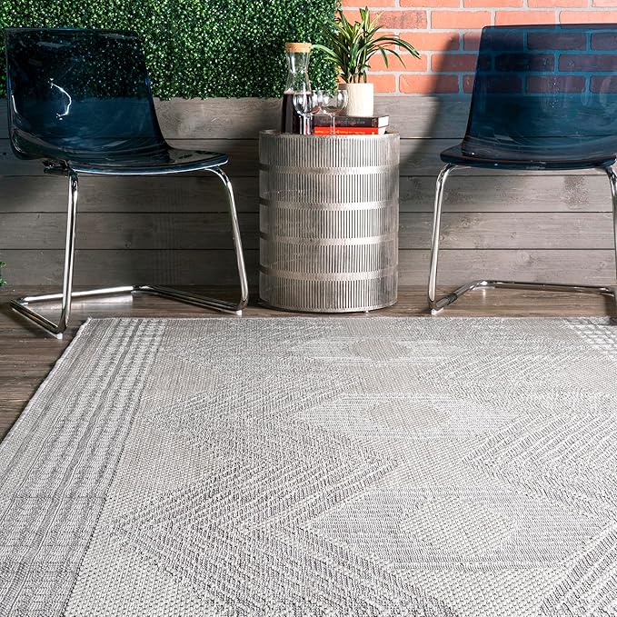 nuLOOM 2' x 10' Outdoor Tribal Geometric Area Rug, Stain Resistant, Weather Resistant, High Traffic, Patio, Balcony, Outside, Ranya Light Grey
